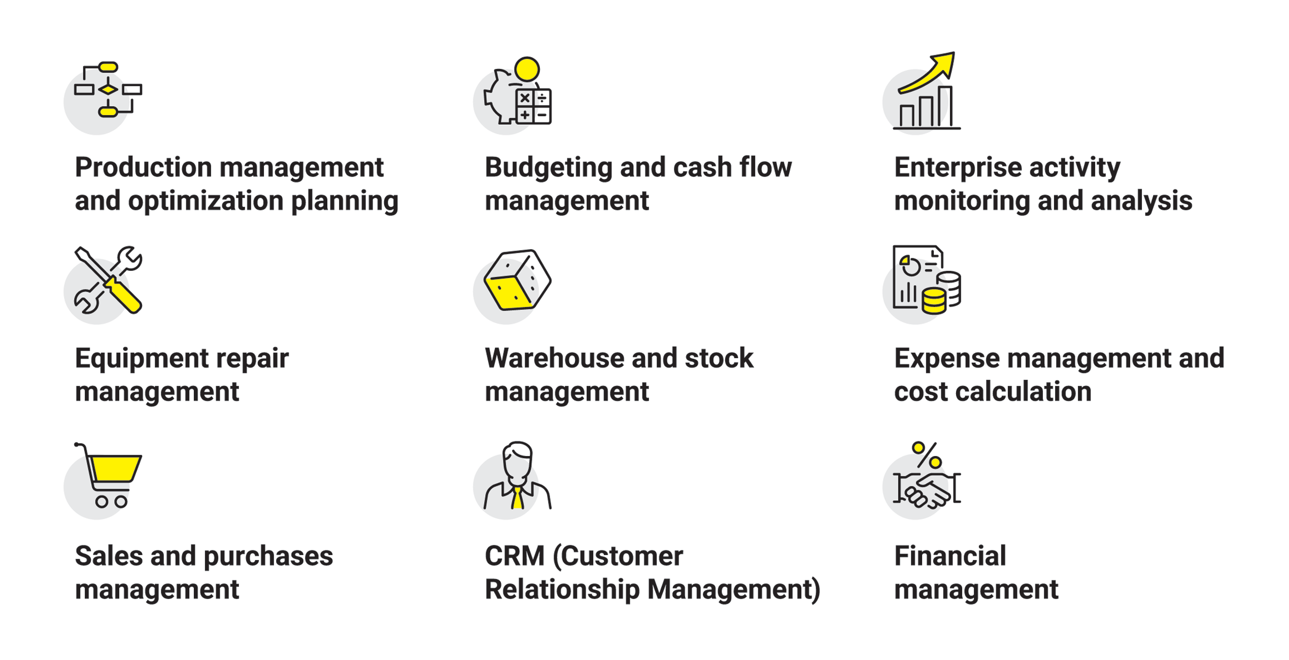 1C:ERP features including production management and optimization planning, budgeting and cash flow management, enterprise activity monitoring and analysis, equipment repair management, warehouse and stock management, expense management and cost calculation, sales and purchases management, CRM, and financial management