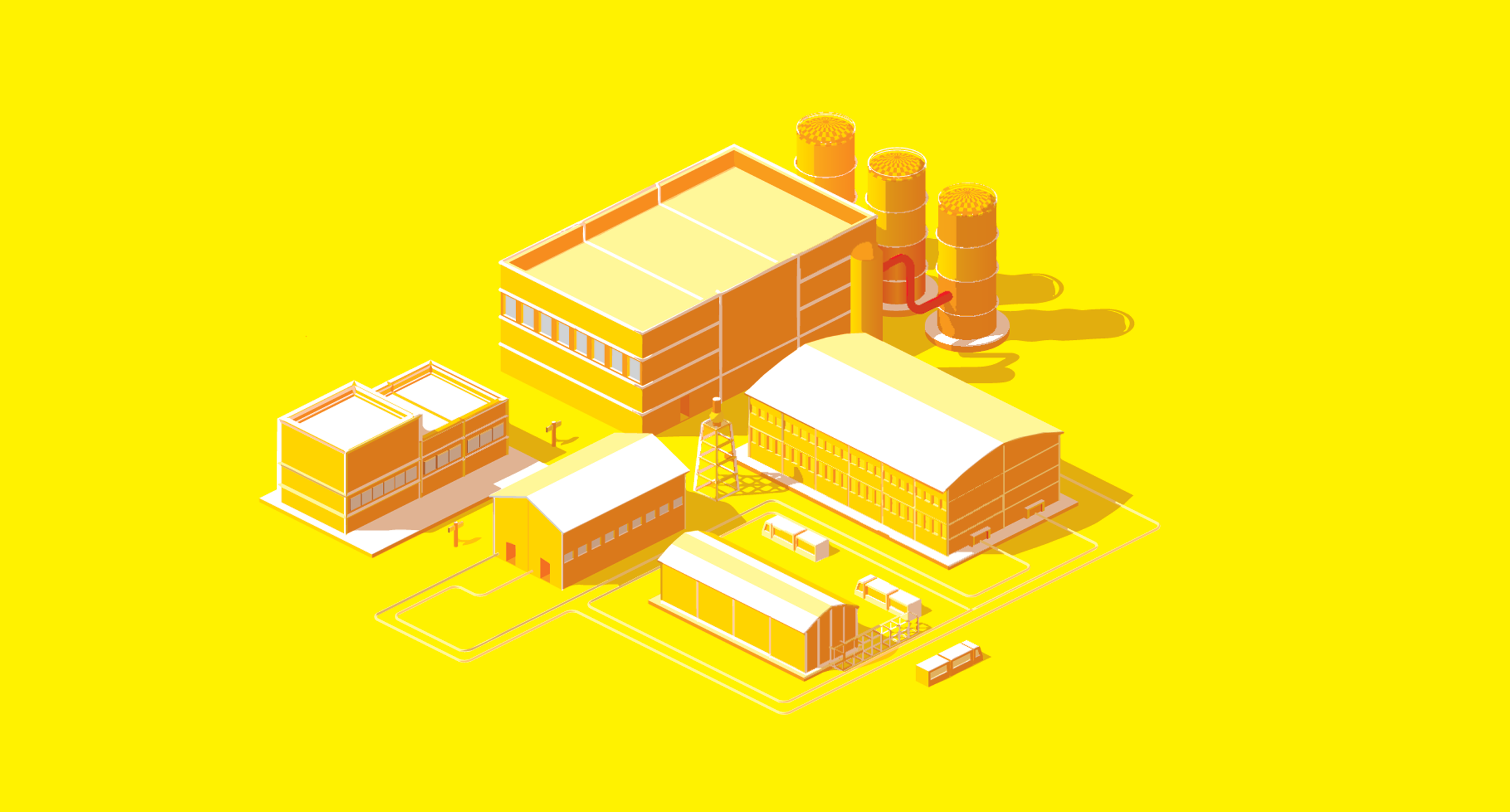 Illustration of an industrial enterprise with connected production buildings and facilities